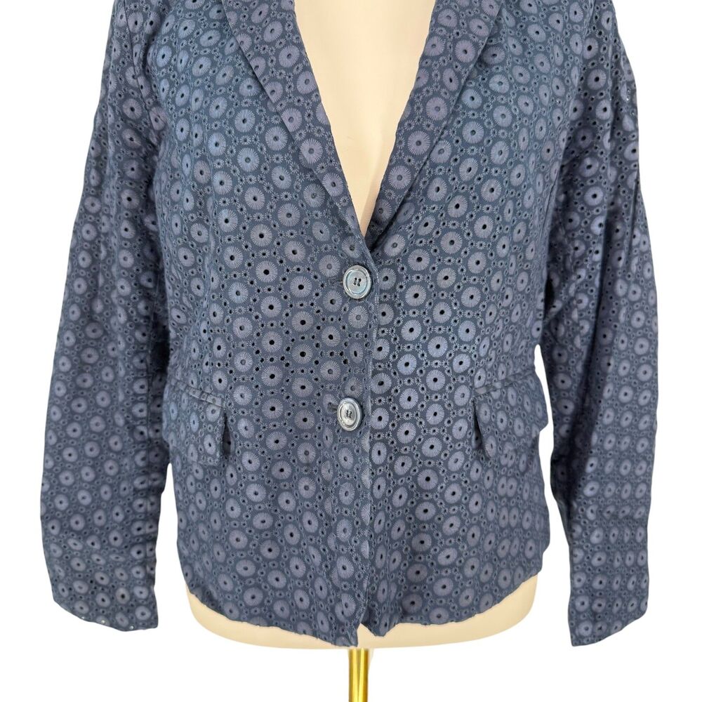 Cynthia Rowley Eyelet Blazer L Blue Cotton Floral Cutout Jacket Pocket Cottage - Picture 4 of 10